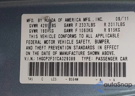 2012 Honda Accord 2.4 Lx z USA, uszkodzony, nr VIN 1HGCP2F31CA029089